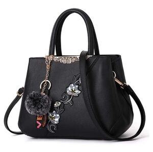 Handbag Embroidery Top Handle Shoulder Bag Tote Purse Black